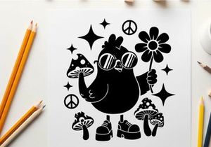 Groovy silhouette of a bird with peace signs and flowers
