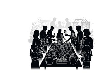 Silhouette of people gathered around a large table with food and drinks silhouette preview picture