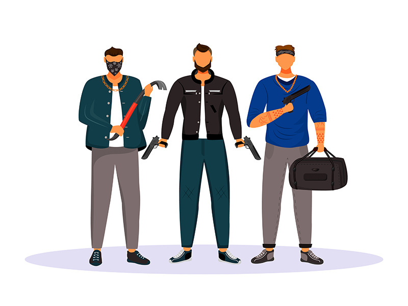 Group of gangsters flat color vector faceless character
