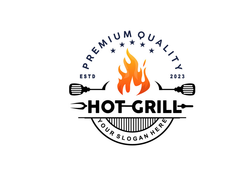 Barbeque Logo, Hot Grill Design With Fire And Spatula, Vector BBQ Grill Vintage
