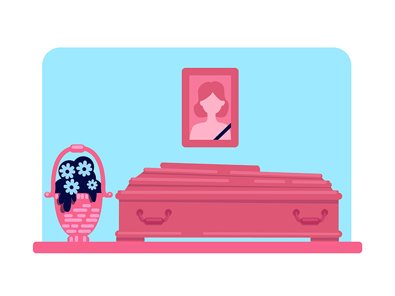 Dead woman coffin and photo flat color vector illustration