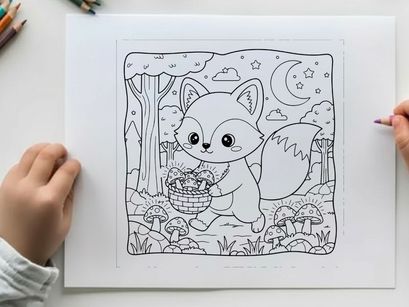 Cute white fox with basket and mushrooms forest vector illustration