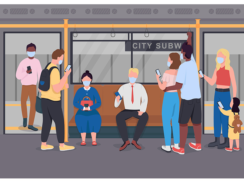 Public transport during epidemic flat color vector illustration