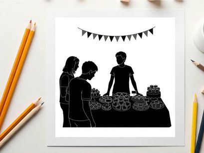 Silhouette of people at a party with bunting and desserts