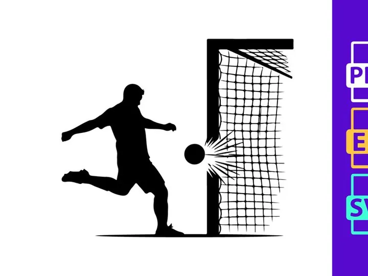 Soccer player kicking ball into goal net with dynamic movement and energy