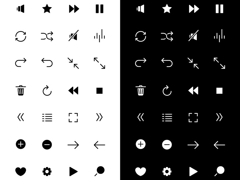 Media player glyph icons set for night and day mode
