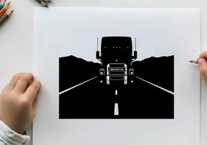 Silhouette of a large truck driving down a deserted highway at night