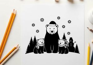 Winter scene with bear family silhouette in snowy forest