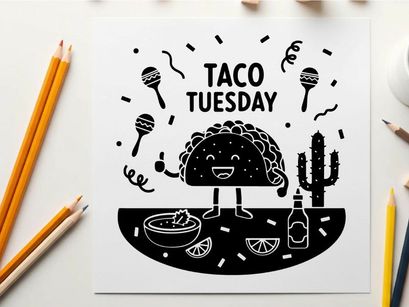 Taco tuesday silhouette graphic with festive maracas and food