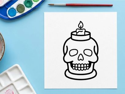 Porta velas de calavera con llama encendida para decoración de Halloween. Jarrón de cerámica con calavera espeluznante que ilumina espacios oscuros con un resplandor siniestro.