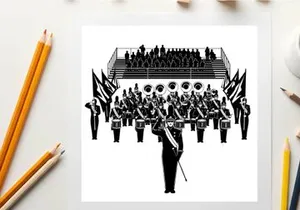 Marching band performance in silhouette at outdoor stadium
