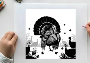 Black and white silhouette of a turkey with feathers spread wide outdoors