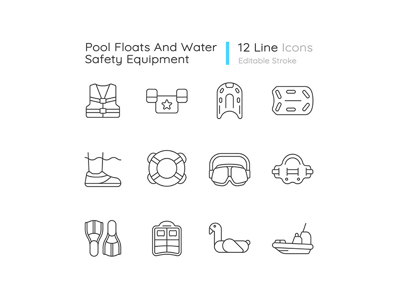 Pool floats and water safety equipment linear icons set