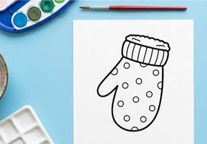 Christmas mitten coloring page for kids, winter holiday line art illustration