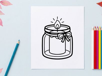 Icono de vela en frasco de vidrio. Ilustración minimalista de línea de una vela de cera encendida.