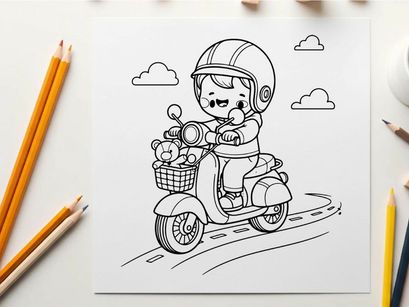 Cute child riding scooter with teddy vector illustration