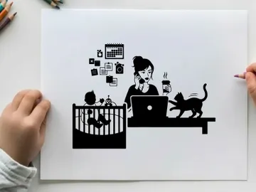 Silhouette of woman working with cat and baby nearby preview picture