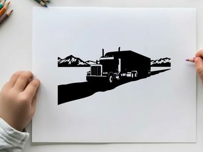 Silhouette of a semi truck driving on a road with mountains