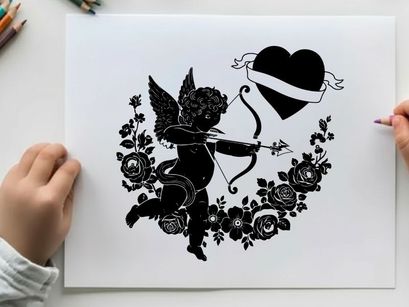 Cupid silhouette with heart and roses on white background