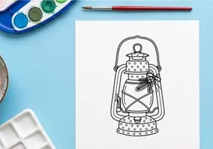 Ilustrasi seni garis lentera Natal vintage dengan hiasan cabang pinus dan beri