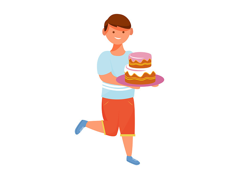 Happy boy with cake flat vector illustration