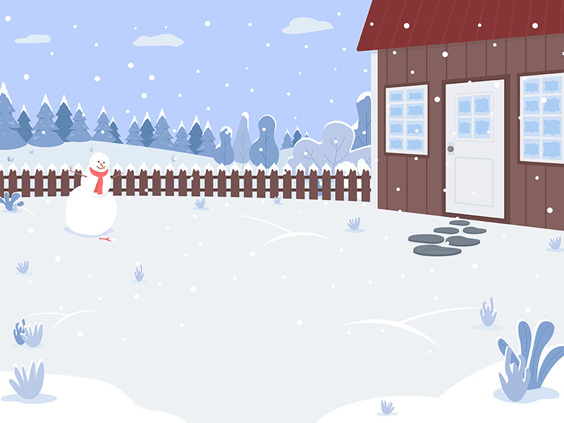 Winter house yard flat color vector illustration