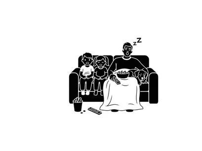Father sleeping on couch with kids silhouette
