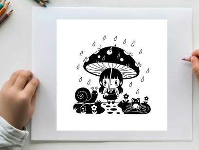 Little girl under a mushroom silhouette on a rainy day