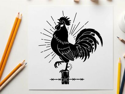 Silhouette of a rooster on a fence post silhouette