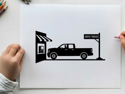 Silhouette of a pickup truck at a drive thru restaurant