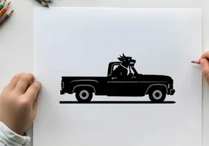 Silhouette of a dragon riding in a pickup truck