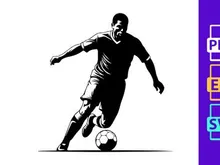 Soccer player in action kicking a ball with dynamic movement and energy