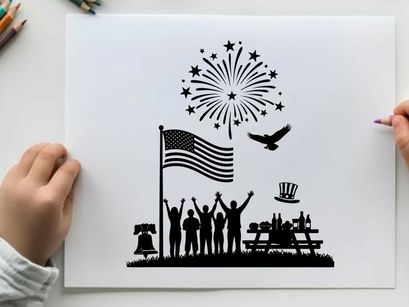 Patriotic silhouette of people celebrating with fireworks and american flag