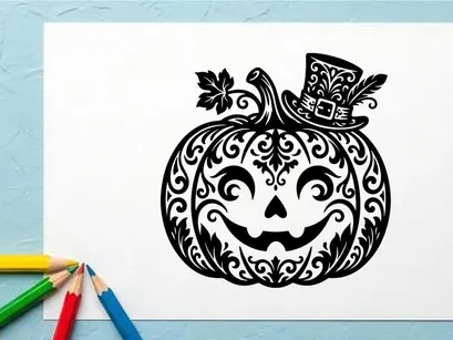 Stylized Halloween Pumpkin with Jack-o'-Lantern Face and Witch Hat
