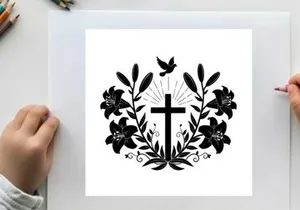 Christian cross silhouette with floral wreath and dove