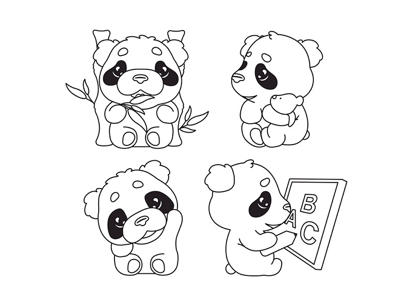 Cute panda kawaii linear characters pack