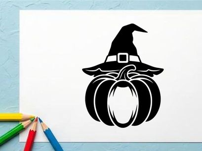 Ilustración de Sombrero de Bruja y Calabaza de Halloween para Decoración Otoñal