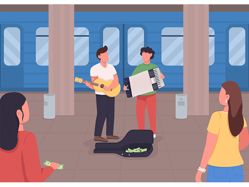 Underground music playing flat color vector illustration