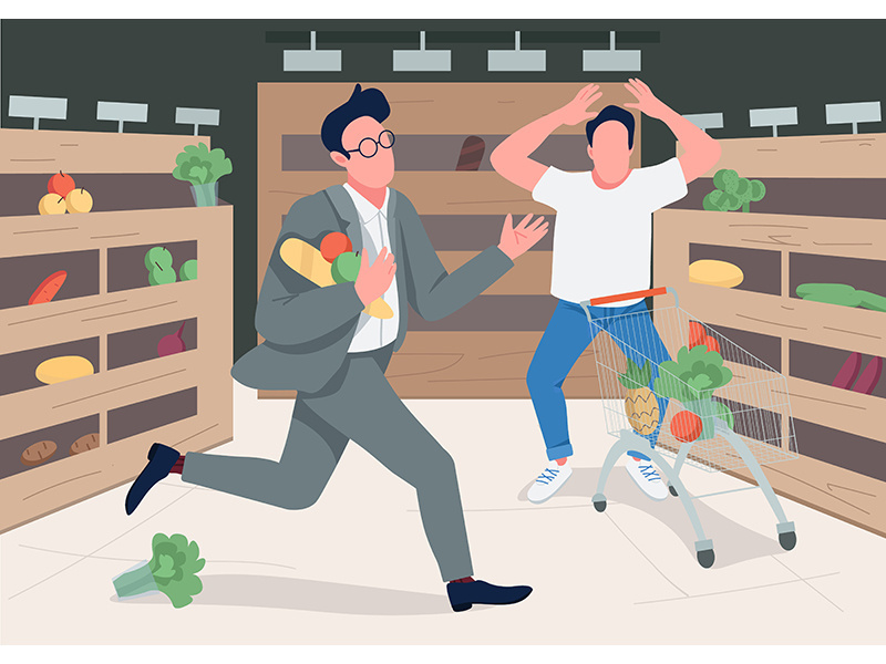 Shoppers in panic flat color vector illustration