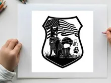 Silhouette of a police dog and american flag badge