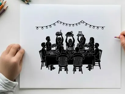 Silhouette of people celebrating with food and lights at a dinner table