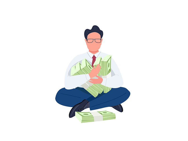 Man holding stacks of money flat color vector faceless character