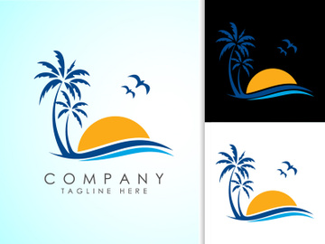 Beach logo design. Sun sunset sunrise with beach ocean sea water logo icon. preview picture