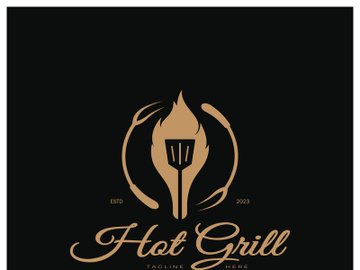 Simple Barbecue Vintage hot grill, with crossed flames and spatula. Logo for restaurant, badge, cafe and bar.vector preview picture