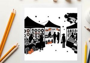 Silhouette of people at a vibrant outdoor market with tents and goods