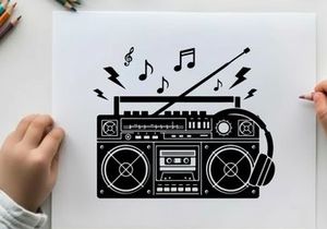 Black silhouette of a boombox with music notes and headphones