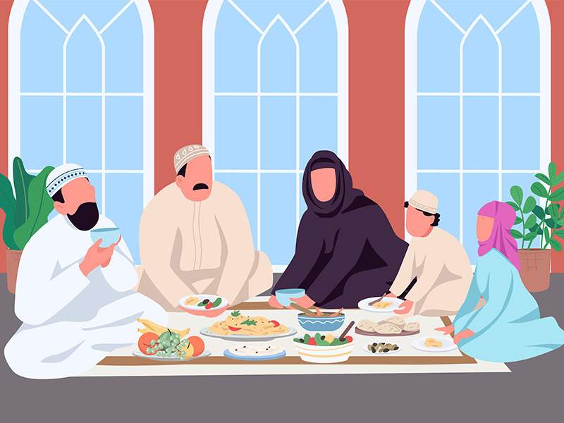Muslim family eat together flat color vector illustration