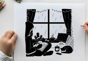 Silhouette of a person writing by a rainy window