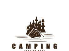 Pine trees and camping tent textured logo design vector illustration