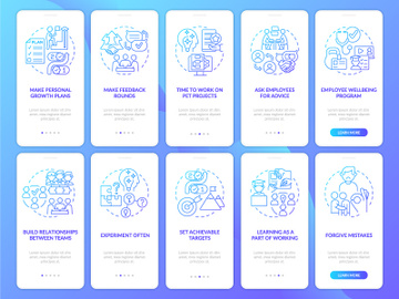 Employee motivation blue gradient onboarding mobile app screen set preview picture